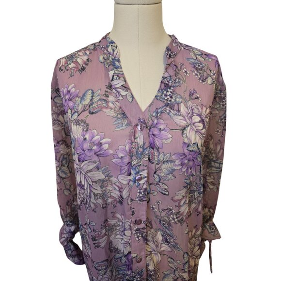 Womens Bellina Purple Floral Blouse Long Sleeve Sheer Summer Cottage Sz XL - Picture 6 of 10